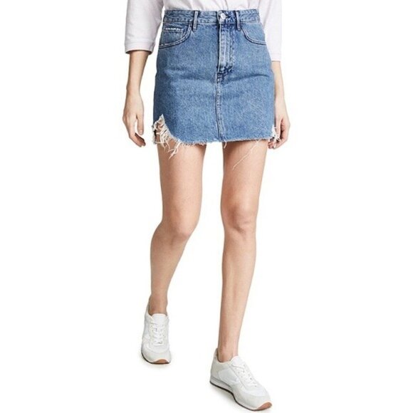 3x1 NYC Celine Denim Mini Skirt 0 Distressed Italian A-Line Gloss Blue Spring - Picture 1 of 13